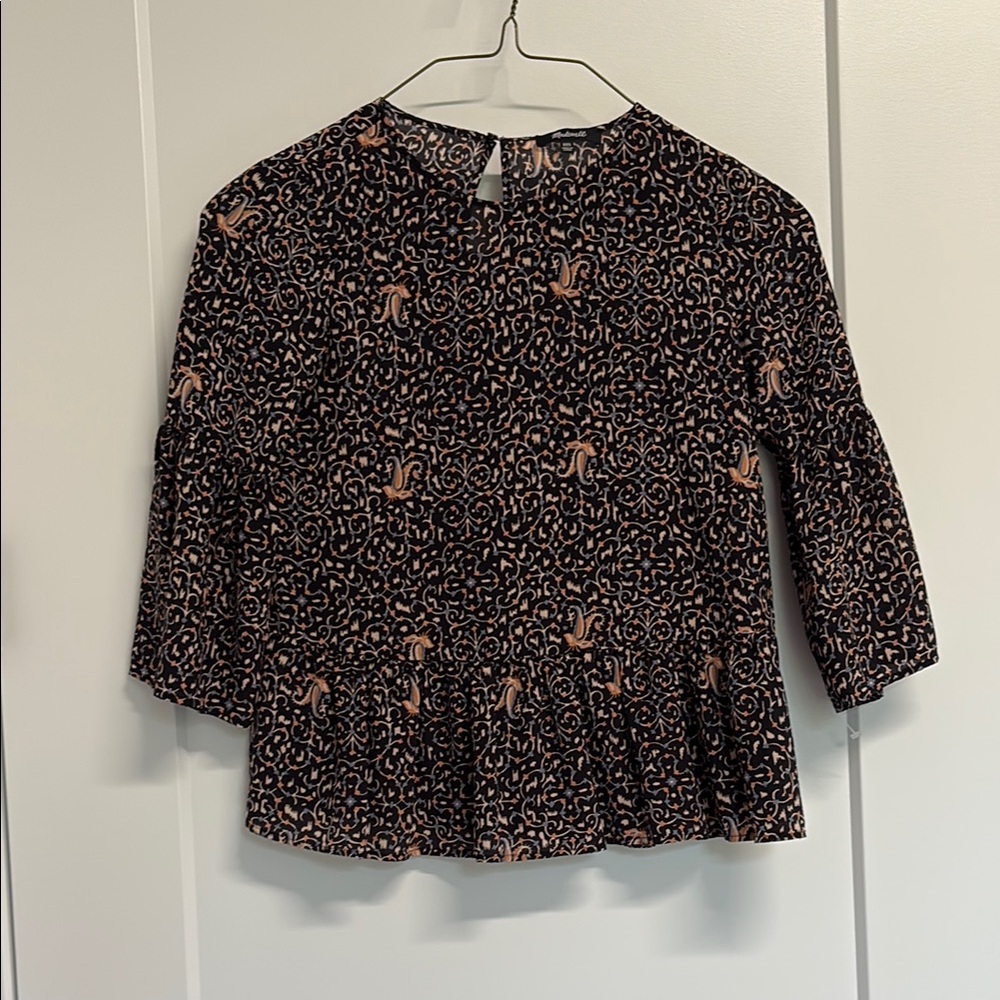 Madewell Black Peplum Blouse with 3/4 Bell Sleeves, XXS